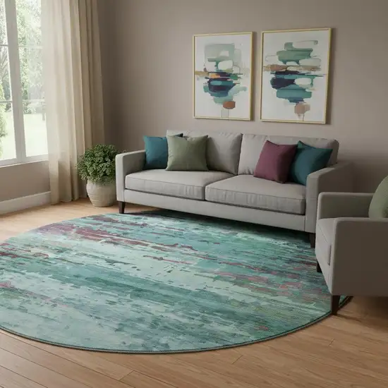 8' Teal And Plum Abstract Washable Round Rug With UV Protection Photo 2