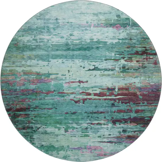 8' Teal And Plum Abstract Washable Round Rug With UV Protection Photo 1