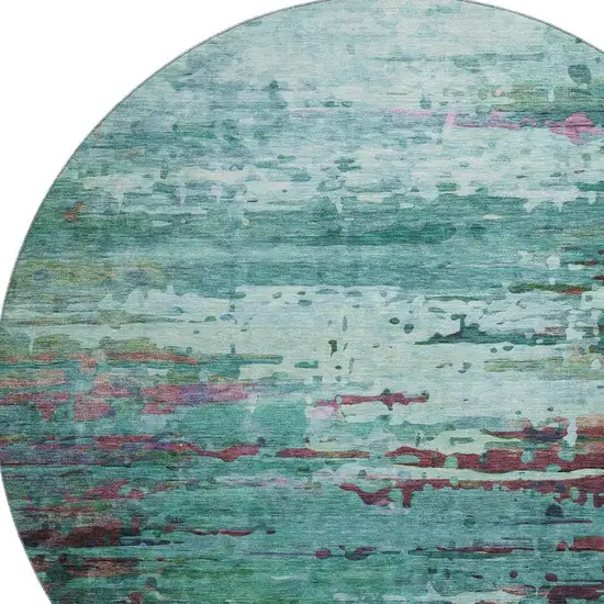 8' Teal And Plum Abstract Washable Round Rug With UV Protection Photo 3