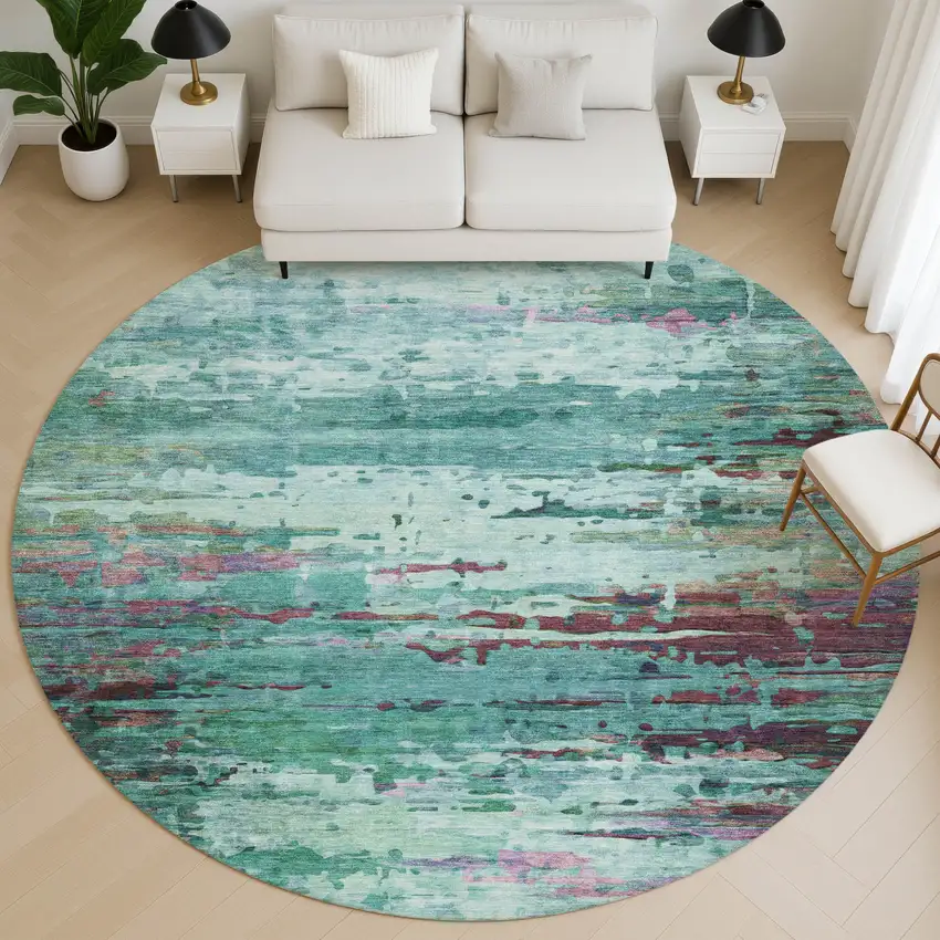 8' Teal And Plum Abstract Washable Round Rug With UV Protection Photo 5