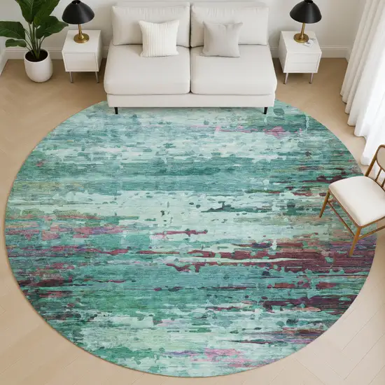 8' Teal And Plum Abstract Washable Round Rug With UV Protection Photo 5