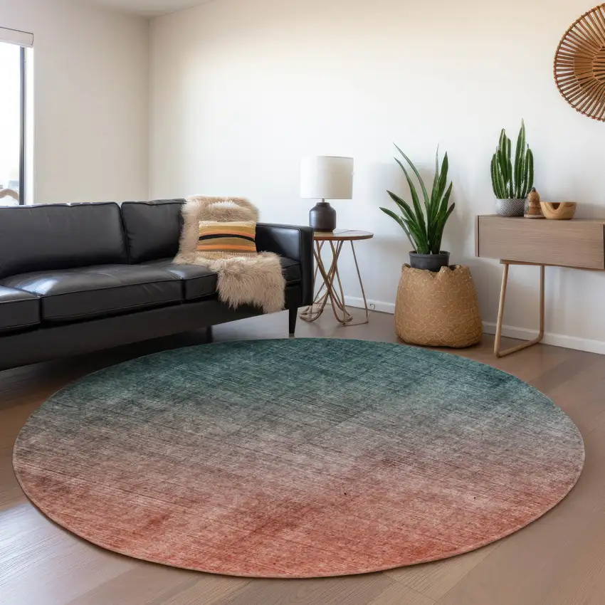 8' Teal And Rust Ombre Washable Round Rug With UV Protection Photo 5
