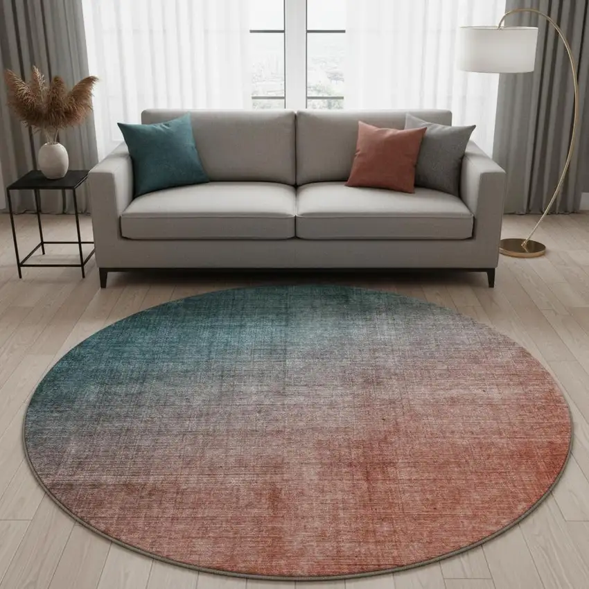 8' Teal And Rust Ombre Washable Round Rug With UV Protection Photo 2