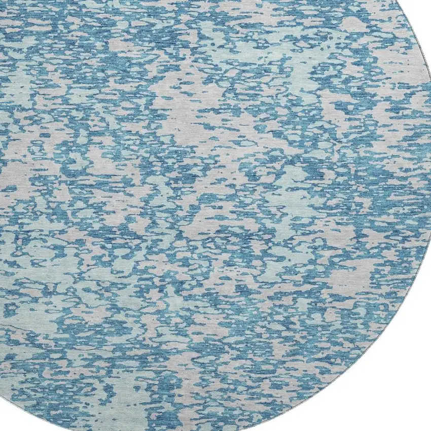 8' Teal And Silver Abstract Washable Round Rug With UV Protection Photo 2