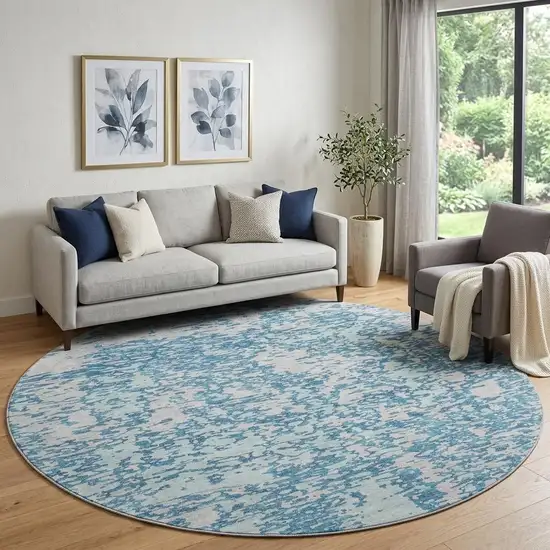 8' Teal And Silver Abstract Washable Round Rug With UV Protection Photo 1