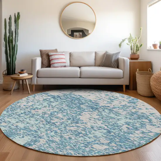 8' Teal And Silver Abstract Washable Round Rug With UV Protection Photo 4