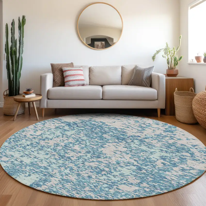 8' Teal And Silver Abstract Washable Round Rug With UV Protection Photo 4
