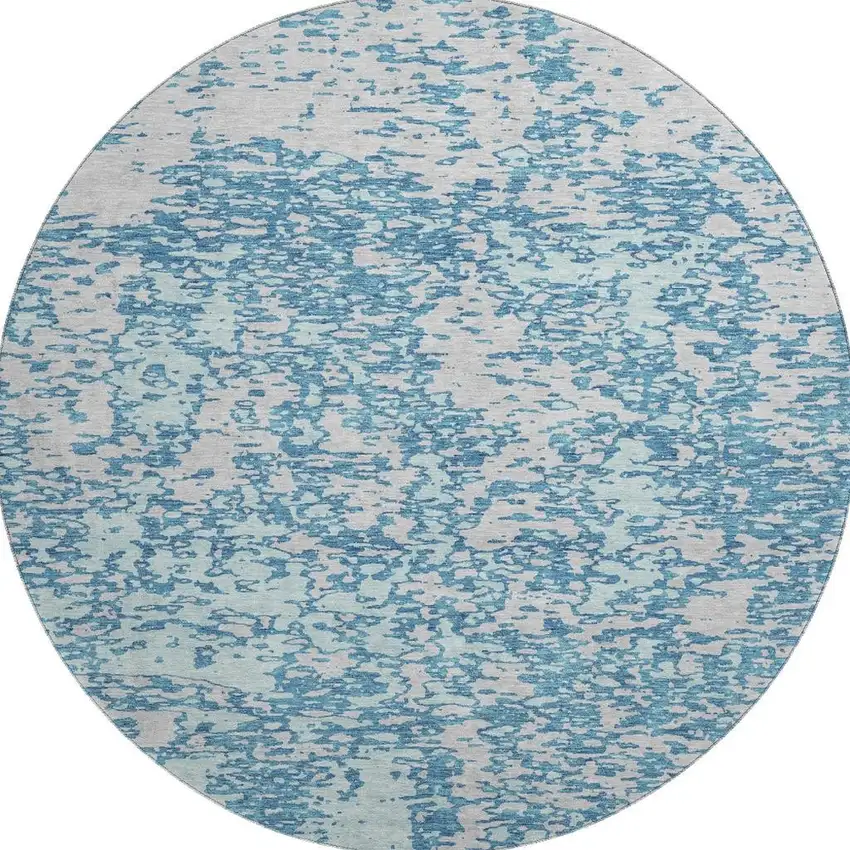 8' Teal And Silver Abstract Washable Round Rug With UV Protection Photo 3