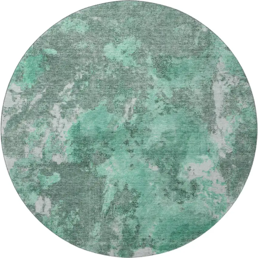 8' Teal And Silver Abstract Washable Round Rug With UV Protection Photo 3