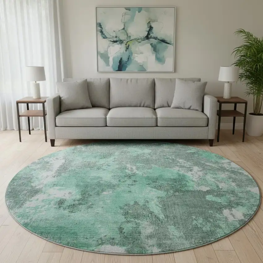 8' Teal And Silver Abstract Washable Round Rug With UV Protection Photo 2