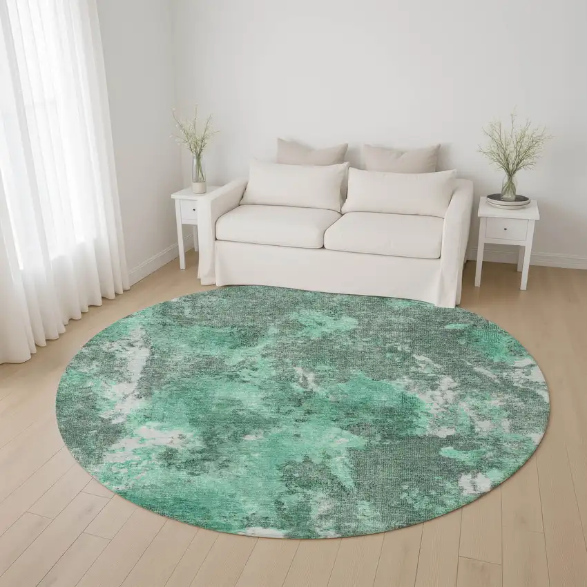 8' Teal And Silver Abstract Washable Round Rug With UV Protection Photo 4