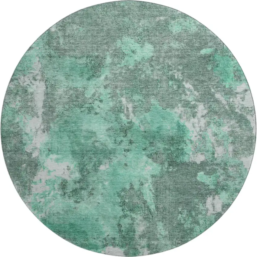 8' Teal And Silver Abstract Washable Round Rug With UV Protection Photo 1
