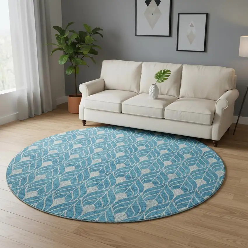 8' Teal And Silver Geometric Washable Round Rug With UV Protection Photo 2
