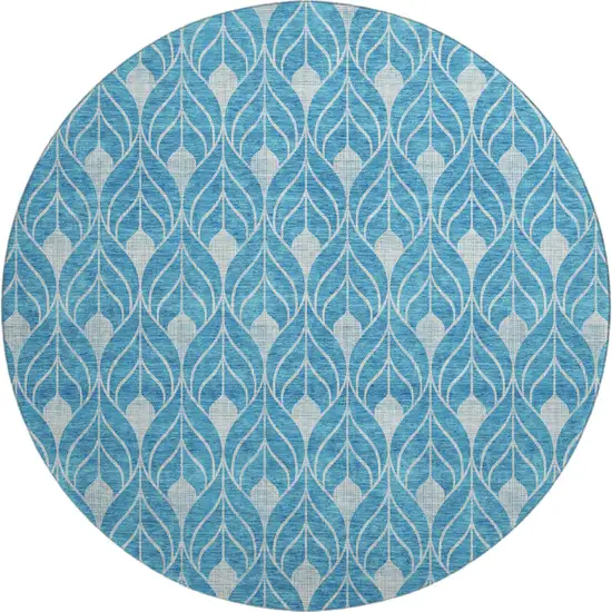 8' Teal And Silver Geometric Washable Round Rug With UV Protection Photo 1