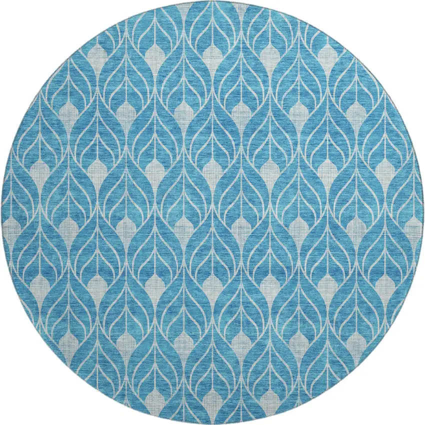 8' Teal And Silver Geometric Washable Round Rug With UV Protection Photo 1
