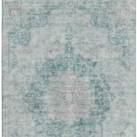 8' Teal And Silver Oriental Washable Area Rug With UV Protection Photo 3