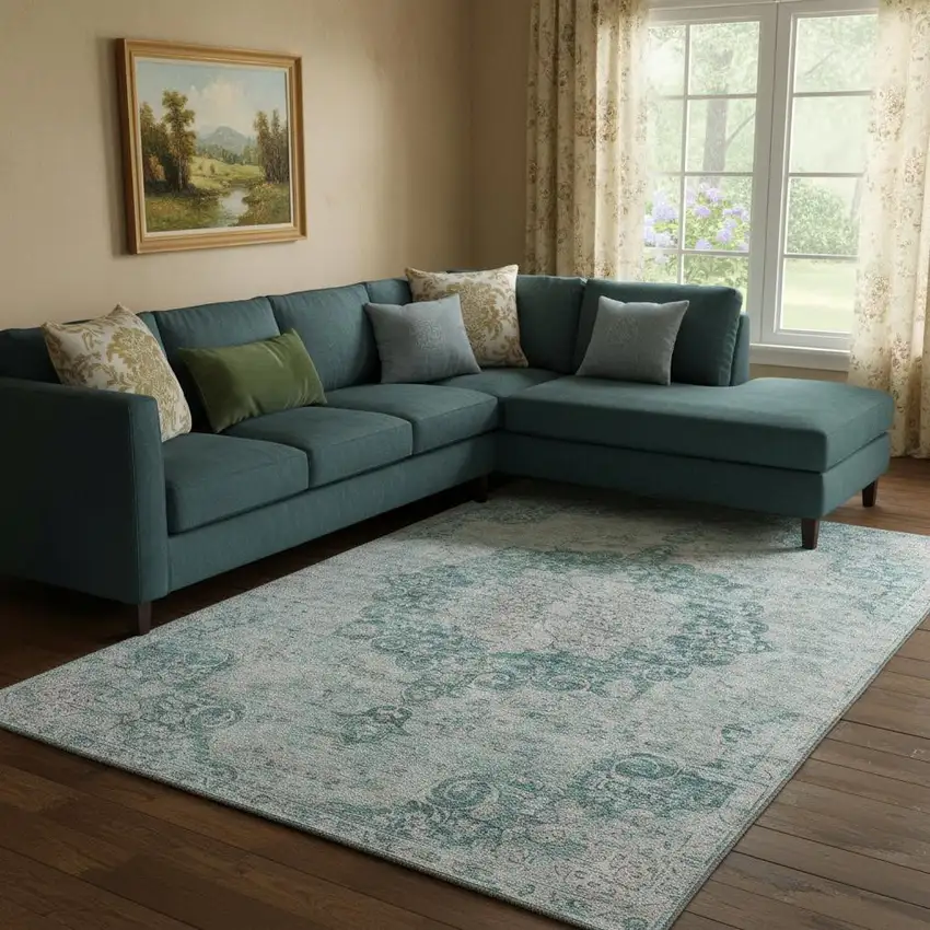 8' Teal And Silver Oriental Washable Area Rug With UV Protection Photo 2