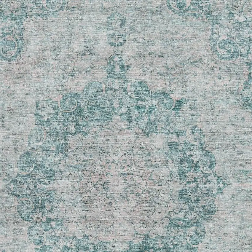 8' Teal And Silver Oriental Washable Area Rug With UV Protection Photo 2