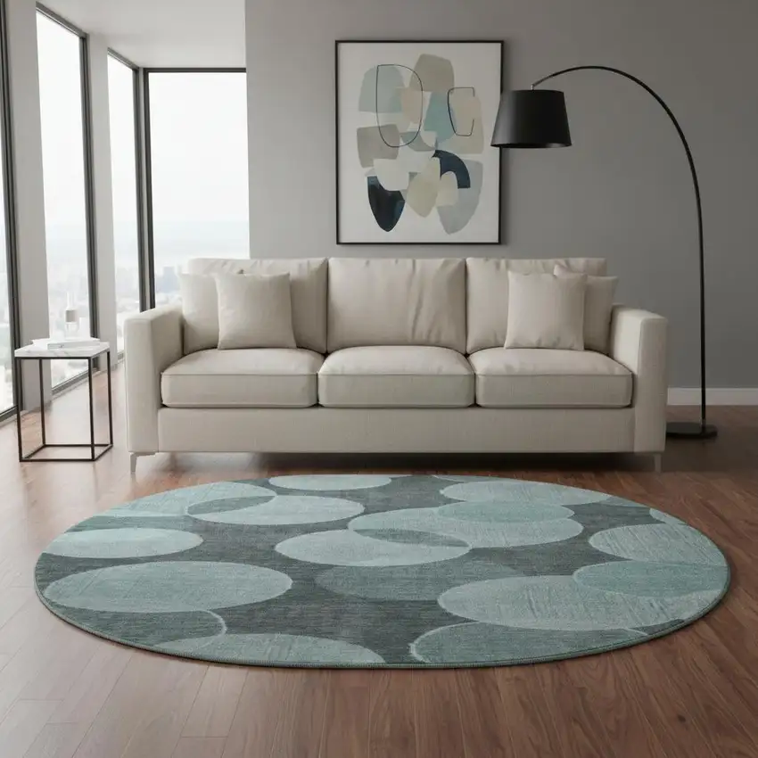 8' Teal And Sky Blue Geometric Washable Round Rug With UV Protection Photo 2
