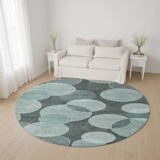 8' Teal And Sky Blue Geometric Washable Round Rug With UV Protection Photo 4