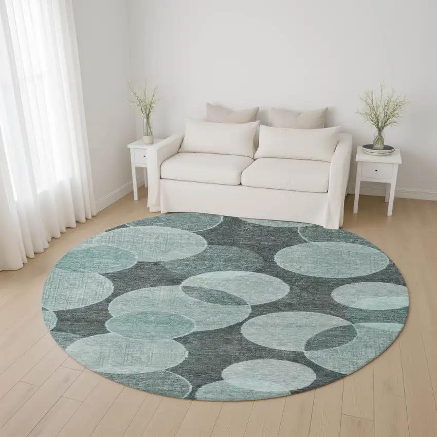 8' Teal And Sky Blue Geometric Washable Round Rug With UV Protection Photo 4