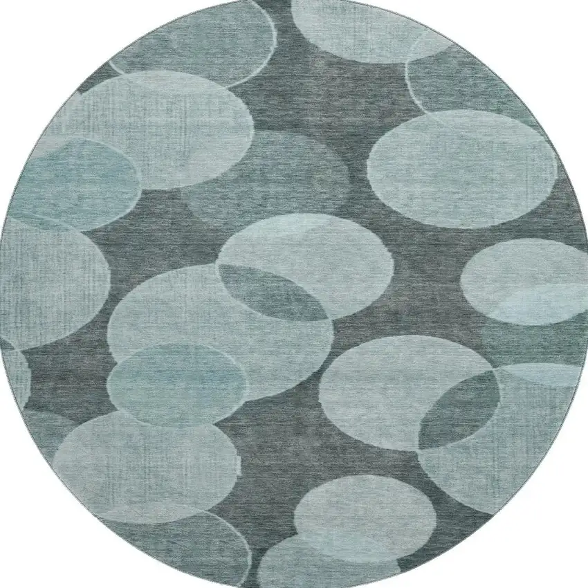 8' Teal And Sky Blue Geometric Washable Round Rug With UV Protection Photo 3