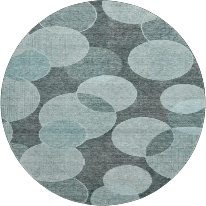 8' Teal And Sky Blue Geometric Washable Round Rug With UV Protection Photo 1