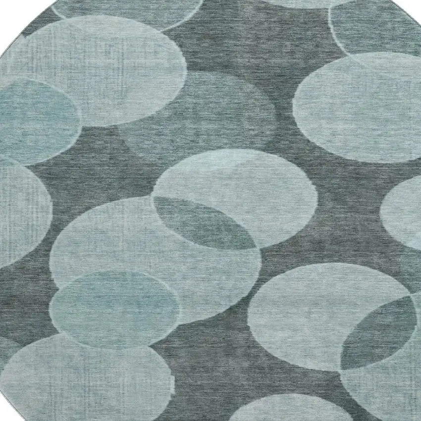 8' Teal And Sky Blue Geometric Washable Round Rug With UV Protection Photo 2
