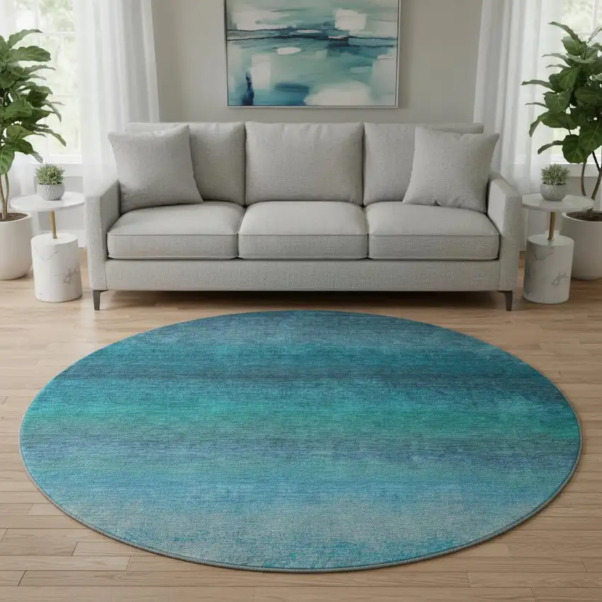 8' Teal And Sky Blue Ombre Washable Round Rug With UV Protection Photo 2