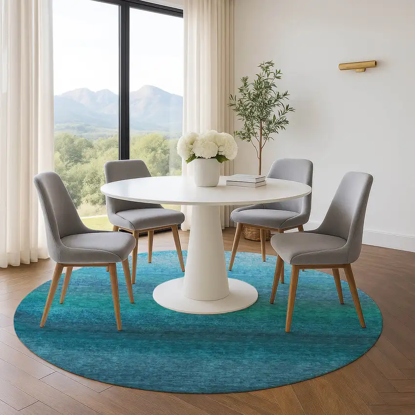 8' Teal And Sky Blue Ombre Washable Round Rug With UV Protection Photo 5
