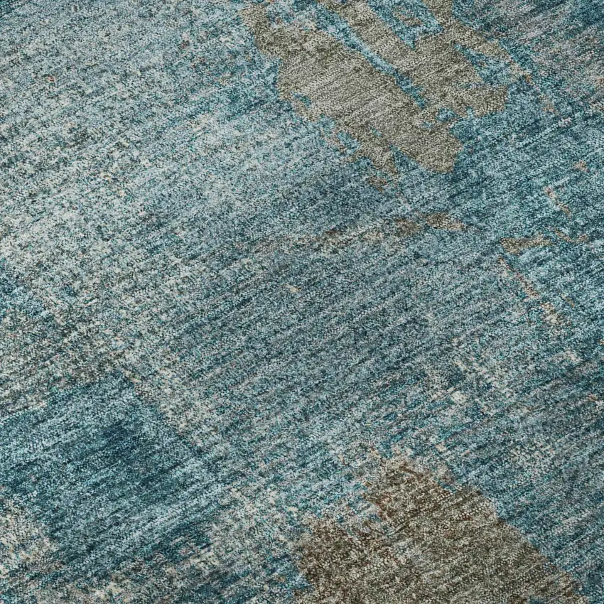 8' Teal And Taupe Abstract Washable Round Rug With UV Protection Photo 8