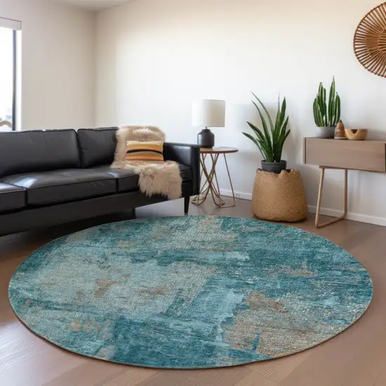 8' Teal And Taupe Abstract Washable Round Rug With UV Protection Photo 4