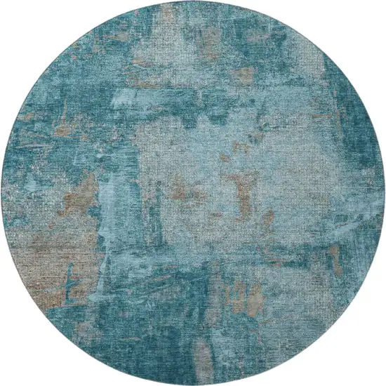 8' Teal And Taupe Abstract Washable Round Rug With UV Protection Photo 3