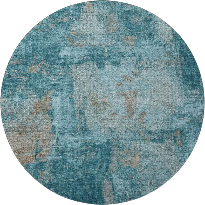 8' Teal And Taupe Abstract Washable Round Rug With UV Protection Photo 3
