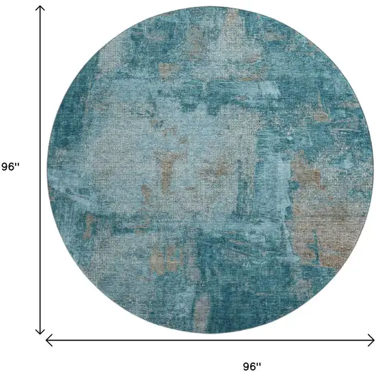 8' Teal And Taupe Abstract Washable Round Rug With UV Protection Photo 9