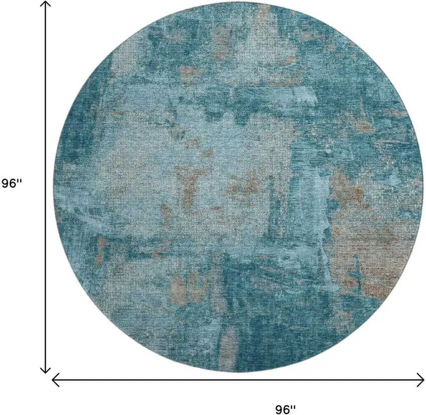 8' Teal And Taupe Abstract Washable Round Rug With UV Protection Photo 9