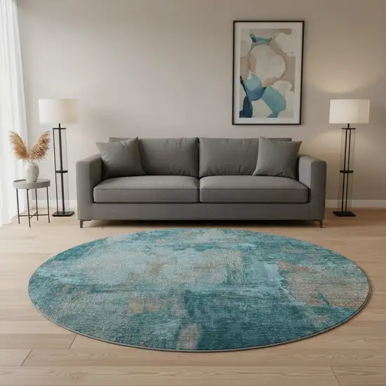 8' Teal And Taupe Abstract Washable Round Rug With UV Protection Photo 2