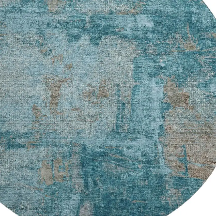 8' Teal And Taupe Abstract Washable Round Rug With UV Protection Photo 2