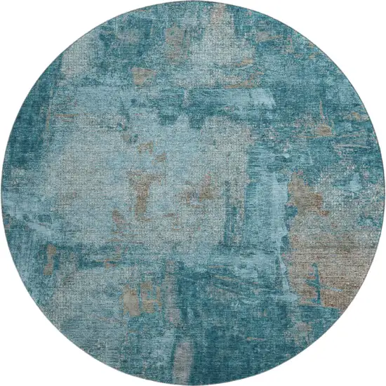 8' Teal And Taupe Abstract Washable Round Rug With UV Protection Photo 1