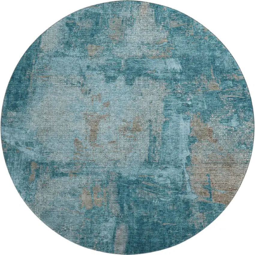 8' Teal And Taupe Abstract Washable Round Rug With UV Protection Photo 1