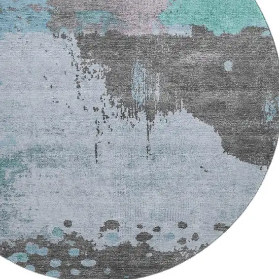 8' Teal And Taupe Abstract Washable Round Rug With UV Protection Photo 3