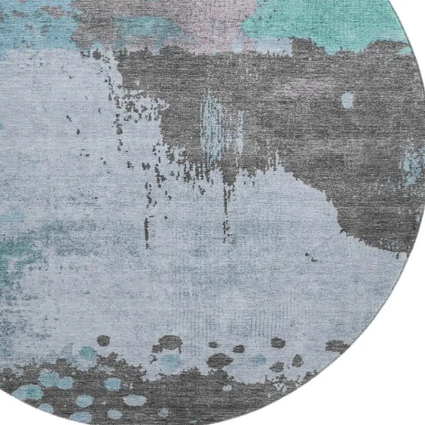 8' Teal And Taupe Abstract Washable Round Rug With UV Protection Photo 3