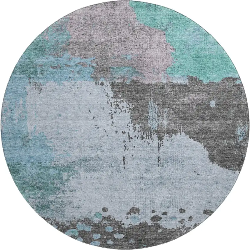 8' Teal And Taupe Abstract Washable Round Rug With UV Protection Photo 1