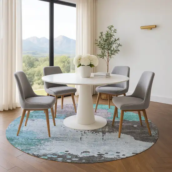 8' Teal And Taupe Abstract Washable Round Rug With UV Protection Photo 5