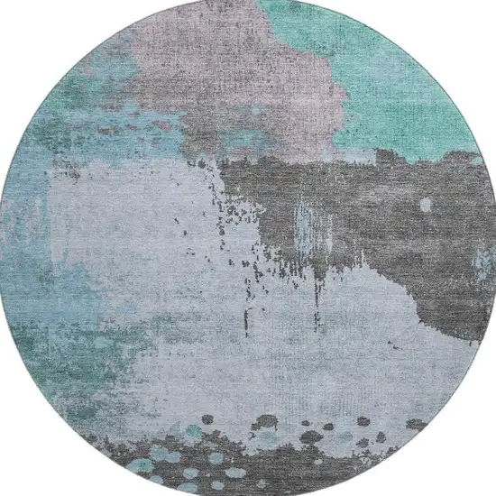 8' Teal And Taupe Abstract Washable Round Rug With UV Protection Photo 4