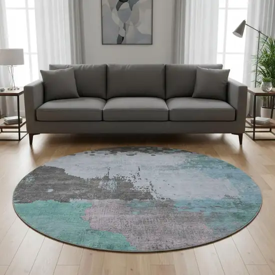 8' Teal And Taupe Abstract Washable Round Rug With UV Protection Photo 2