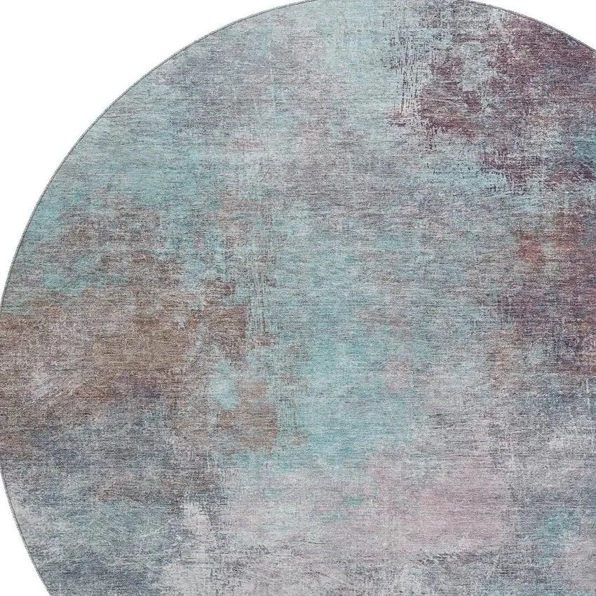 8' Teal And Taupe Abstract Washable Round Rug With UV Protection Photo 3