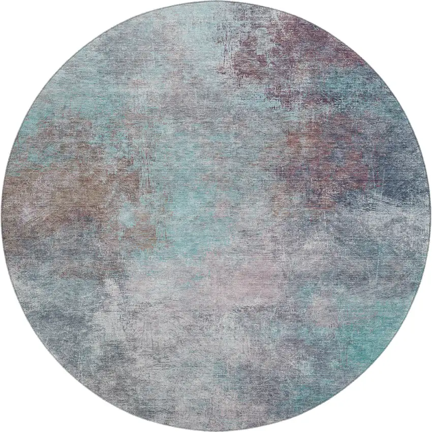 8' Teal And Taupe Abstract Washable Round Rug With UV Protection Photo 1