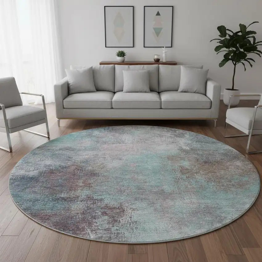 8' Teal And Taupe Abstract Washable Round Rug With UV Protection Photo 2