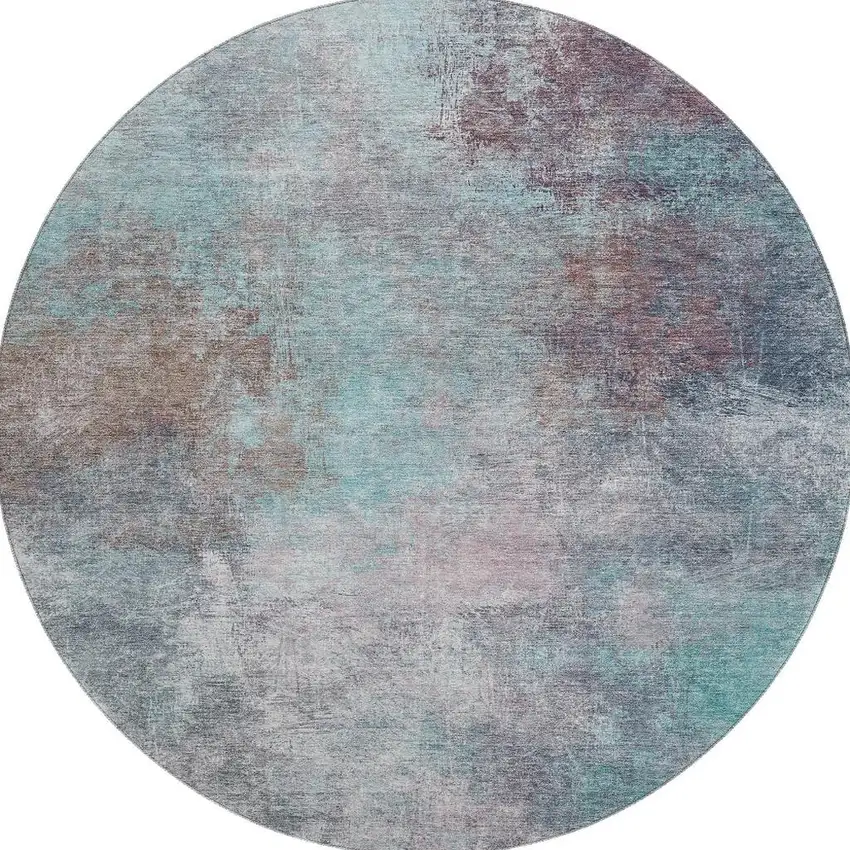8' Teal And Taupe Abstract Washable Round Rug With UV Protection Photo 4